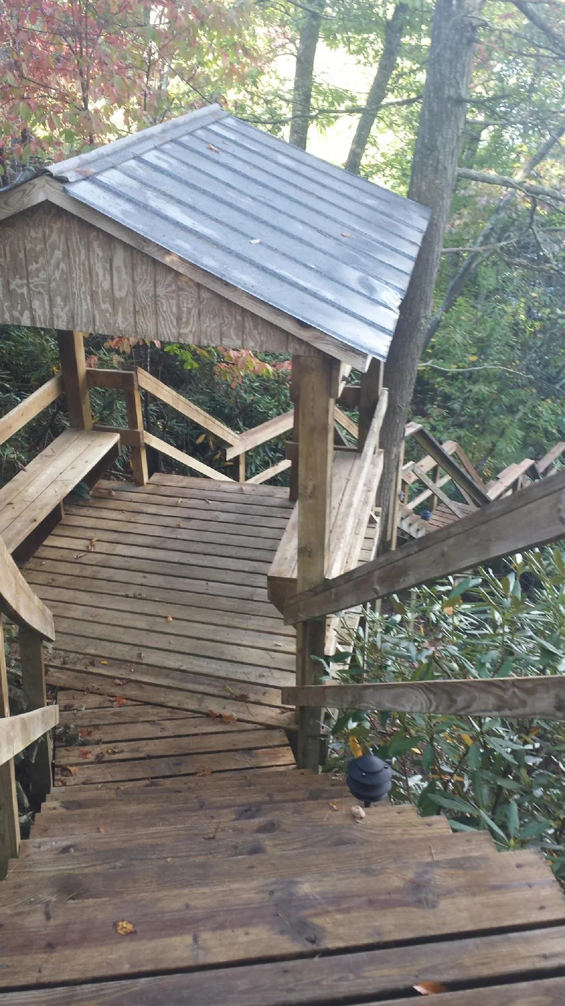 Metal roofed shelter over wooden steps on a wooded walkway — Skylight Repair & Installation work by our crew in Hope